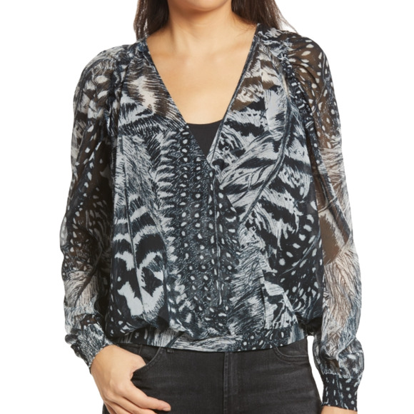 New All Saints Wrap Blouse Womens 2 Top Feather Blue Fara Stretto Surplice Sheer - Picture 1 of 7